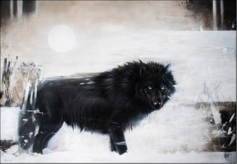 Painting of a large intimidating but gentle black wolf standing in a snowstorm observing the viewer. a full moon is in the sky behind him.